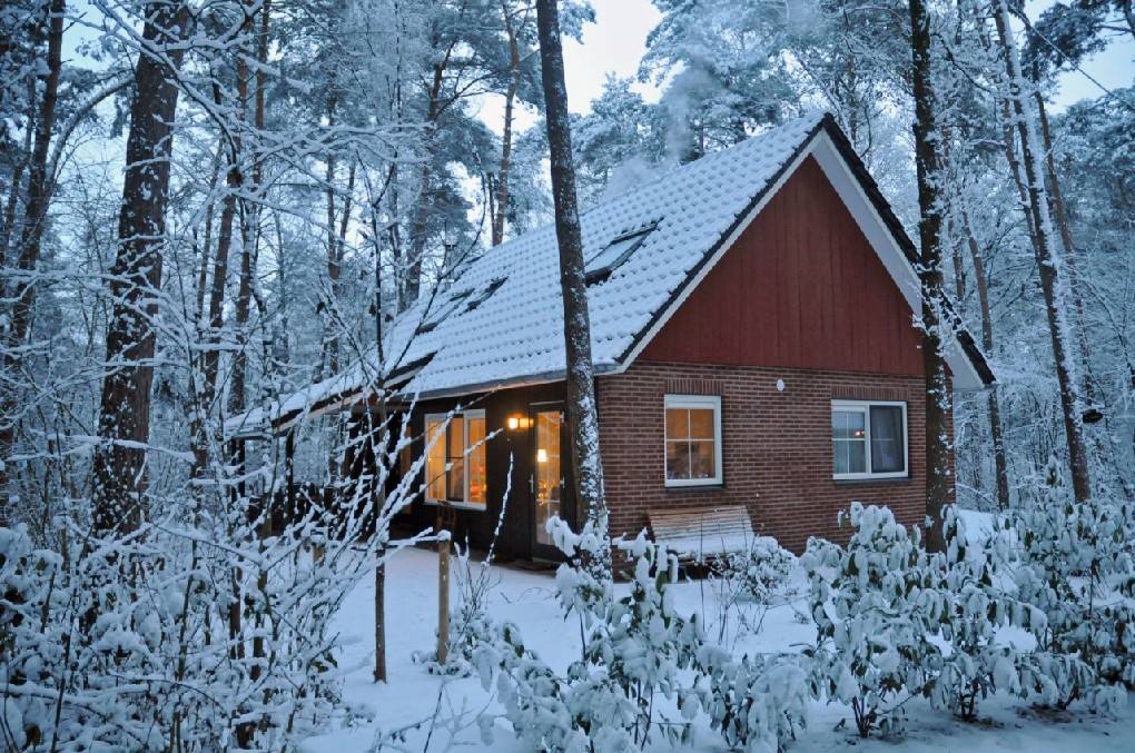 Een besneeuwd bos met in het midden het boshuisje De Alseiden